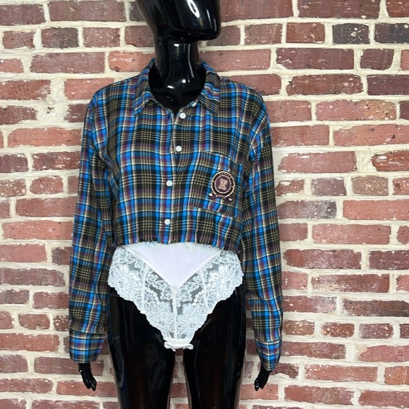 Savage x Fenty Tied Up Tartan Raw Hem Cropped Sleep Shirt in Blue Size S - Picture 7 of 8